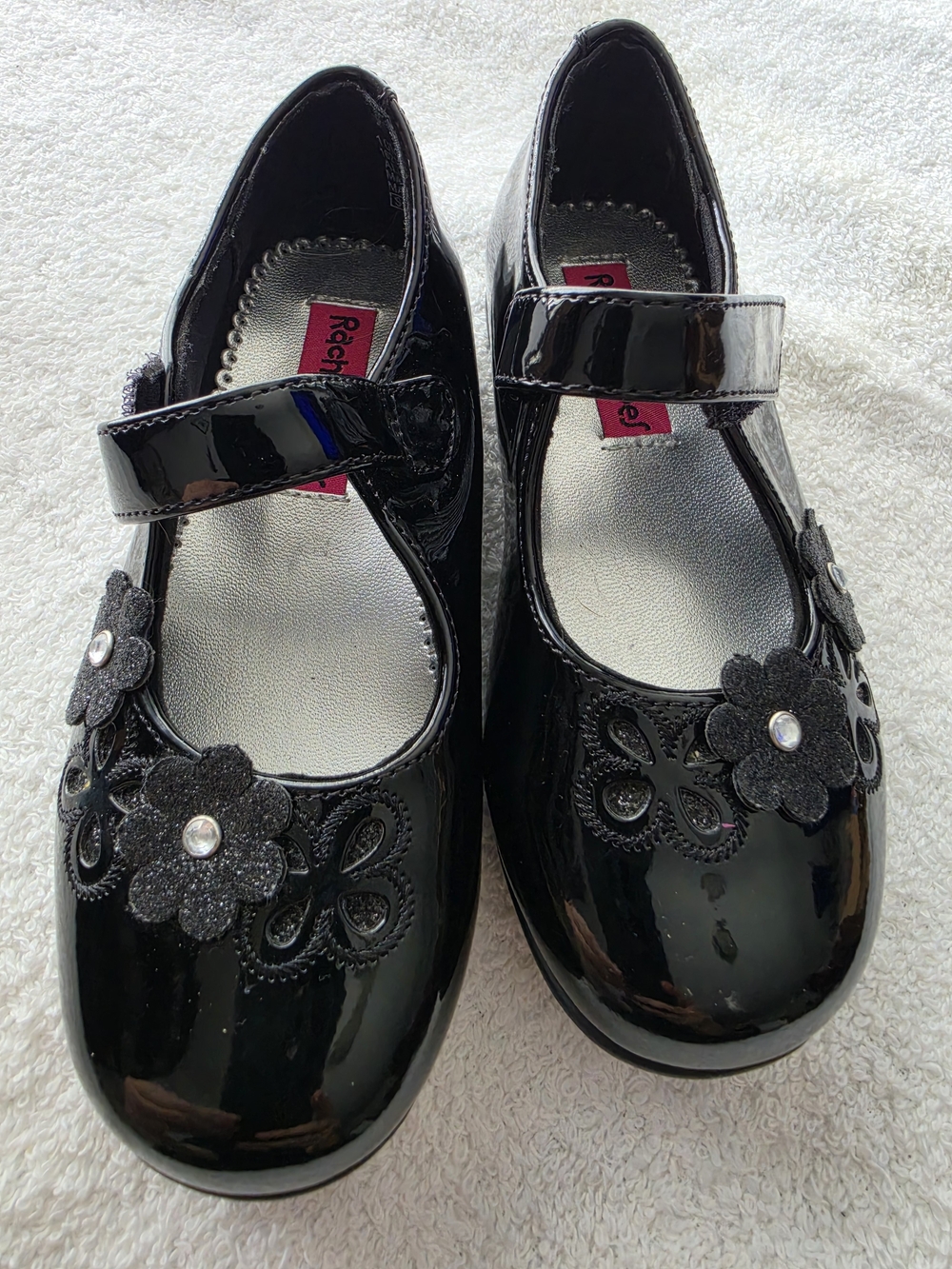 Rachel Black Patent Mary Jane Shoes with Floral Appliqués